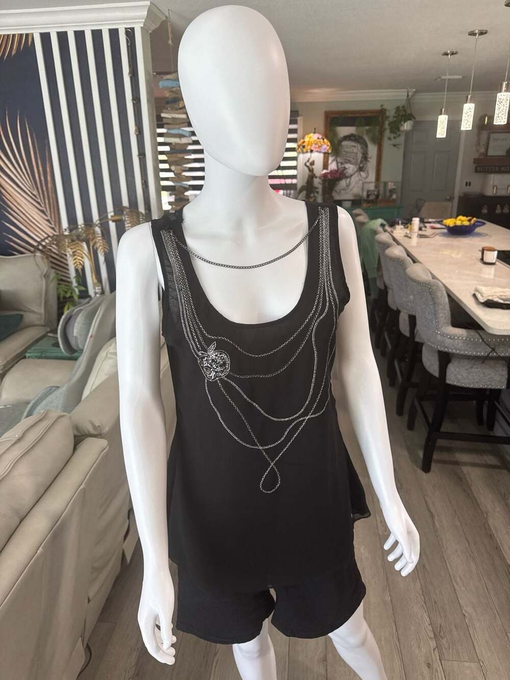 Apple Bottoms Black Sleeveless Top with Chain and Rhinestone Apple Detail